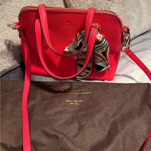 kate spade coral red saffiano leather satchel with patterned scarf